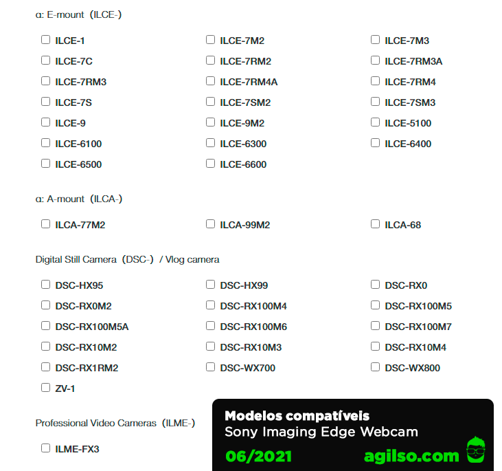 imaging edge webcam - câmeras compatíveis